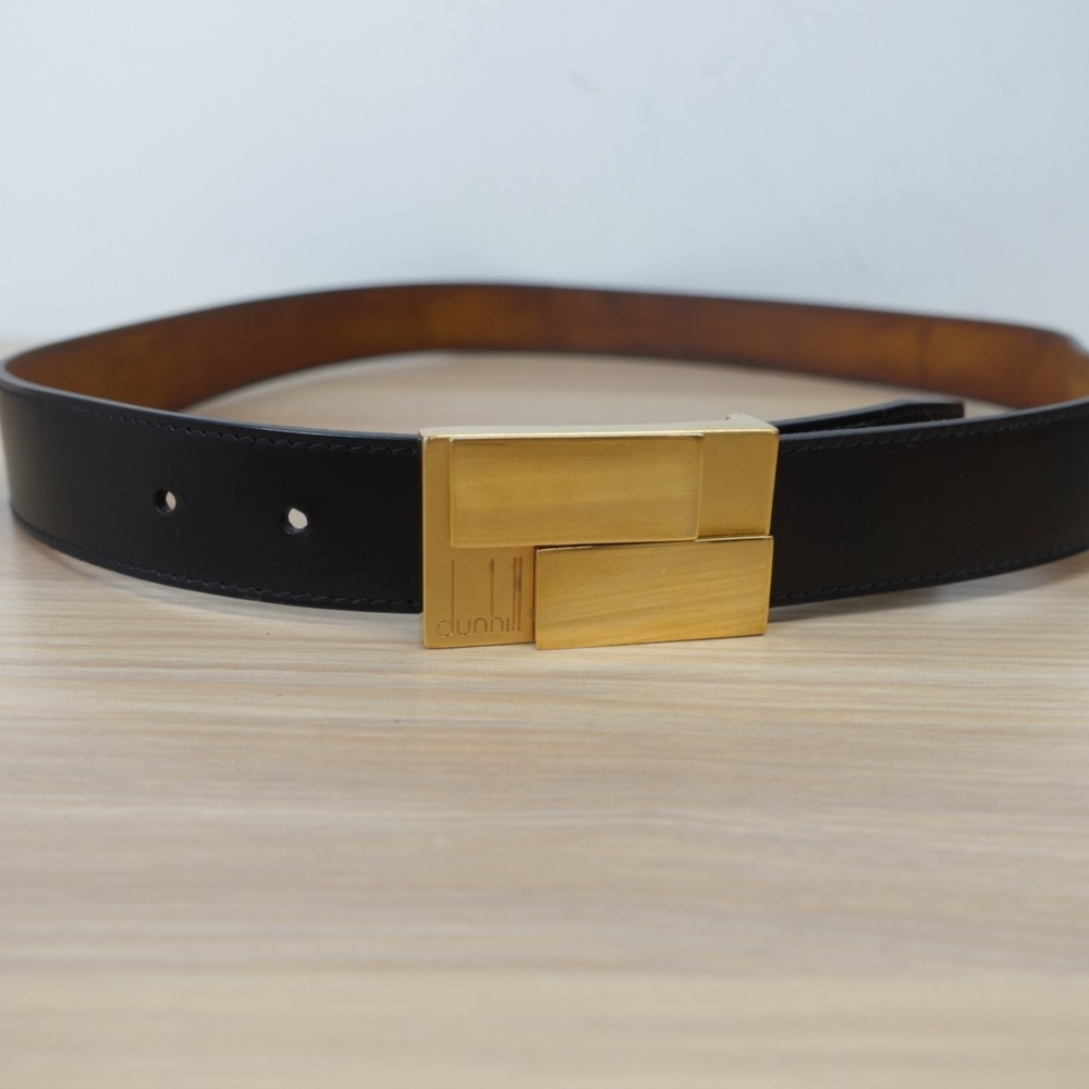DUNHILL Black Leather Belt Mens 36 Genuine Cowhide Gold Plated Buckleβ SLIM
